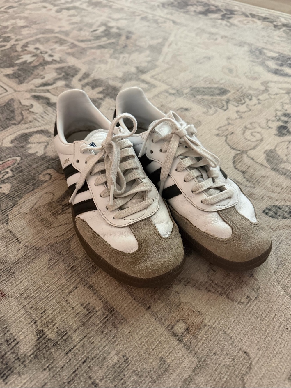 adidas Women's White Sneakers with Black Stripes and Tan Suede
